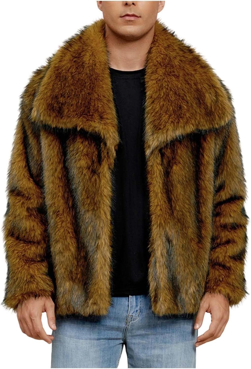 Men Stand Collar Solid Faux Fur Coat Mid Long Plush Faux Mink Outerwear Winter Classic Cozy Pocket Overcoat