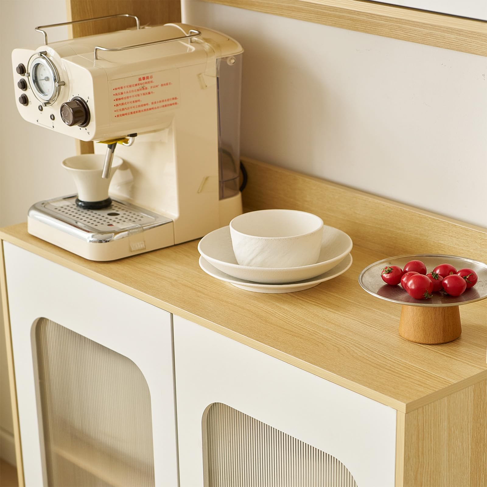 SHARPDO Buffet Cuisine Haut 180 cm, Meuble de Rangement Cuisine Blanc et Bois, Armoire de Cuisine avec Porte Transparente, Plateau pour Micro-Ondes, Placard Fermé