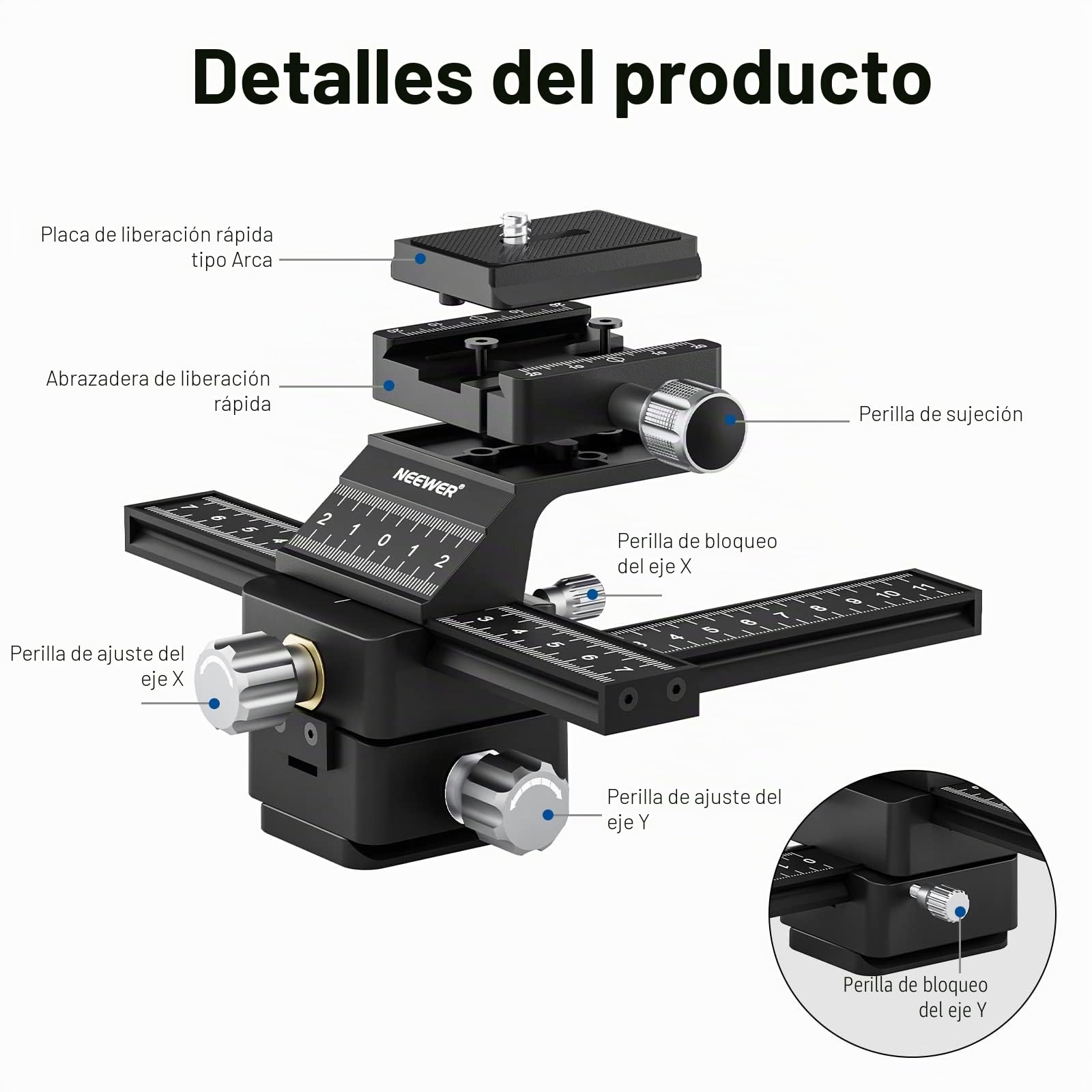 NEEWER Riel de Enfoque Macro de 4 vías con Placa de Liberación Rápida para Tipo Arca, Rosca de 1/4" para Fotografía Macro y Primeros Planos, Compatible con Canon Nikon Fujifilm Sony DSLR Cámara
