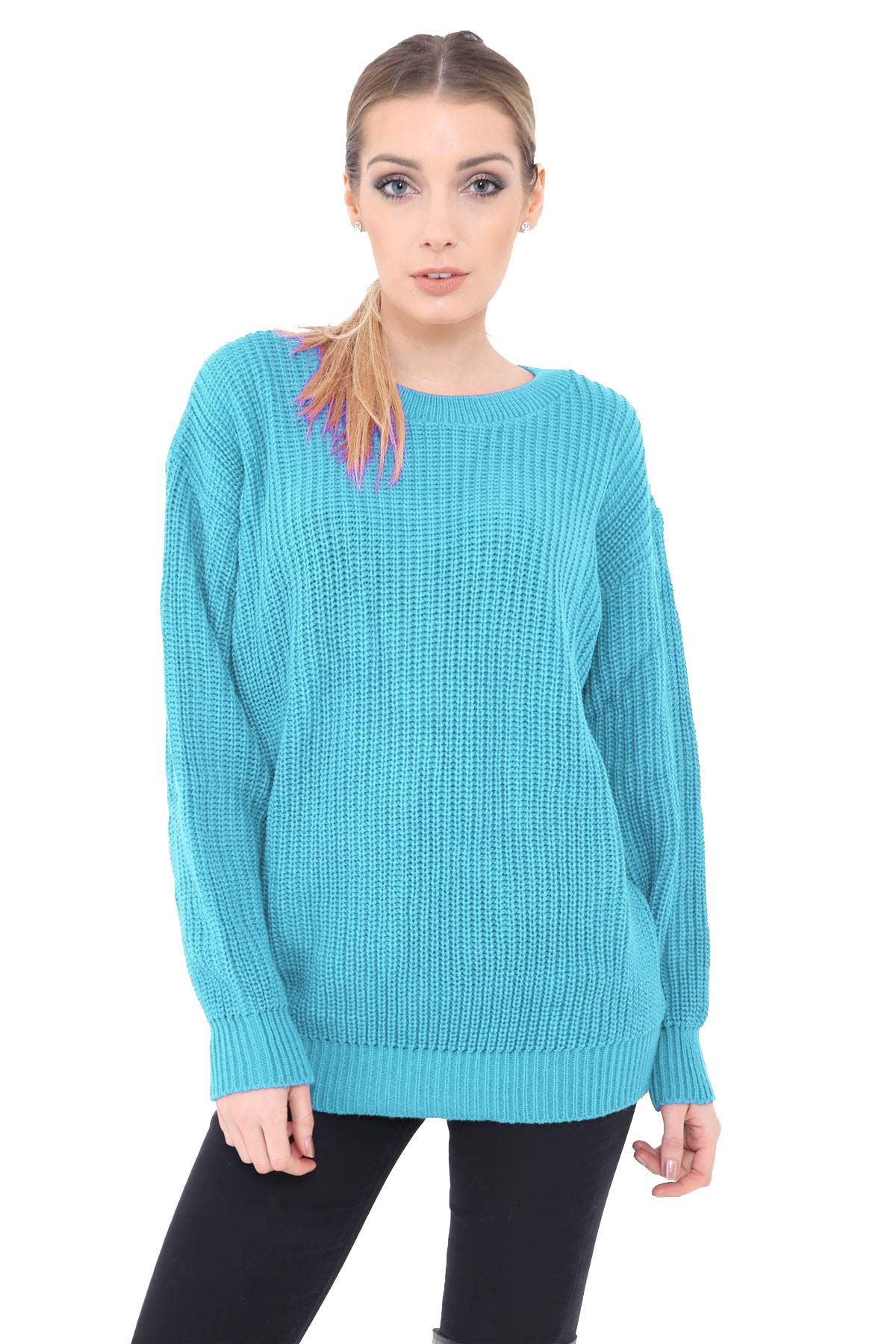 Crazy Girls Womens Ladies Baggy Long Sleeve Knitted Plain Chunky Top Sweater Jumper S-XL (XL, Turquoise)