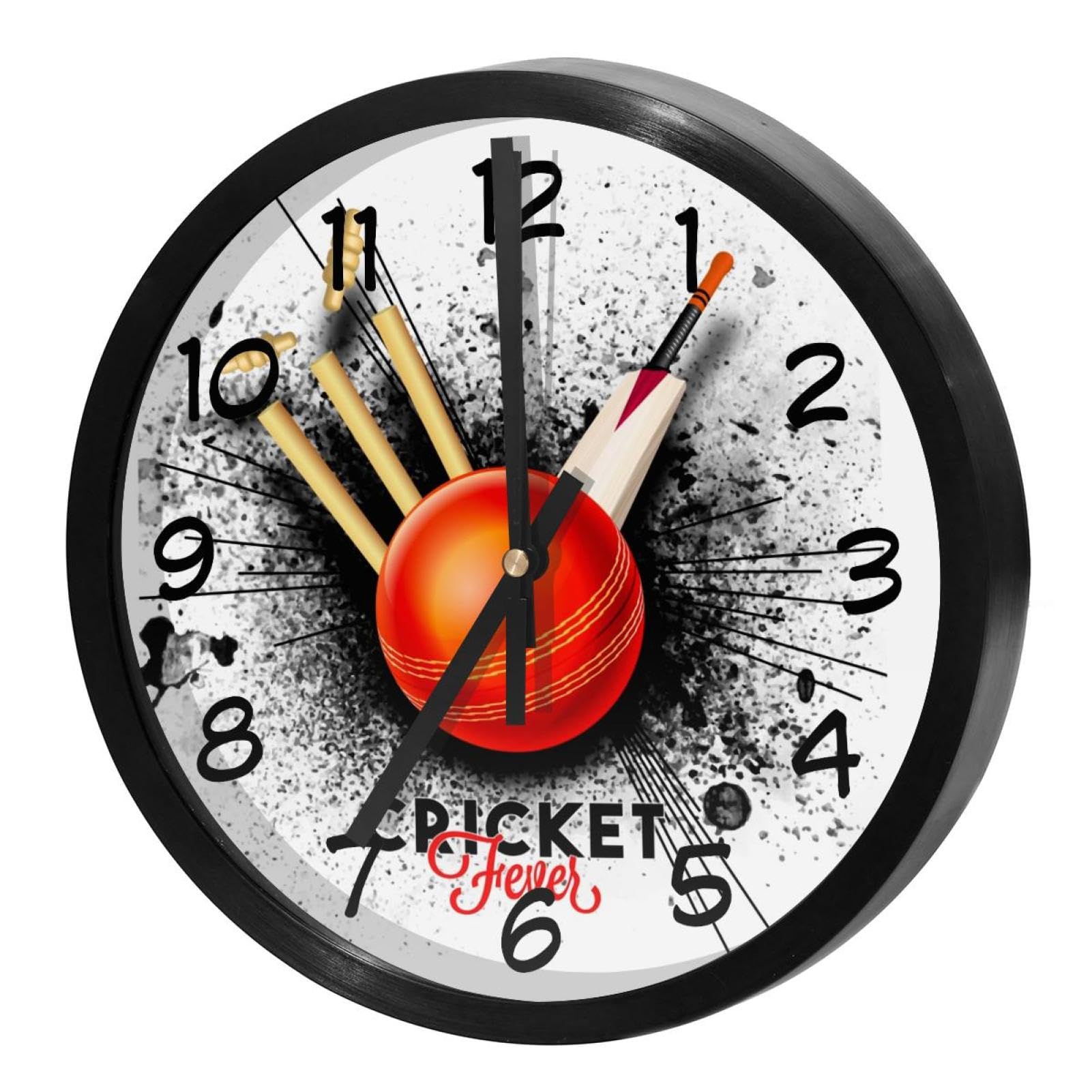 Muooum Black Wall Clock, Cricket Hitting Wicket Stumps With Bat Splash Background 9.8 Inch Silent Non-Ticking Easy To Read Modern Decorative For Home Office School