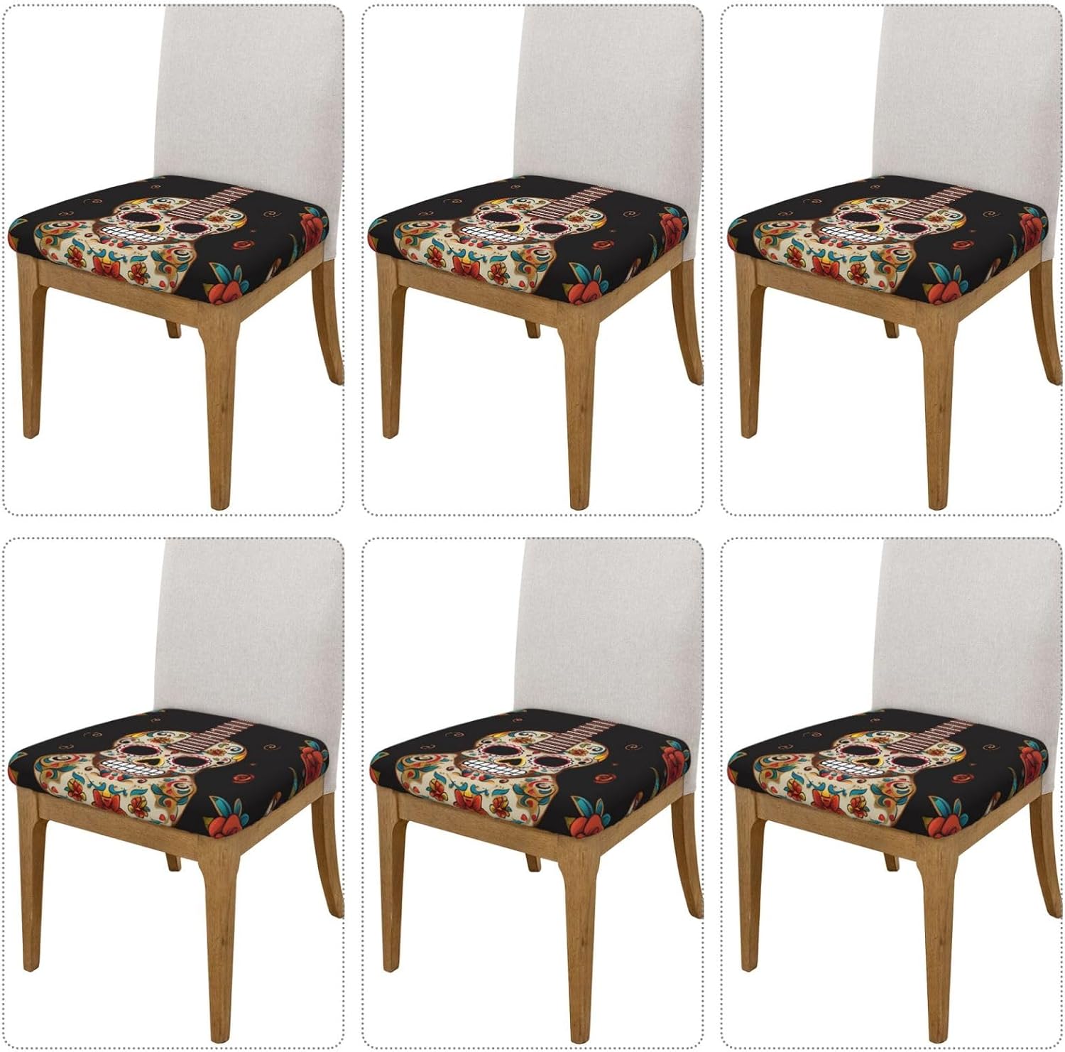 Guitar Pepper Sugar Skull Bar Stool Cover Six Piece Waterproof Square Seat Cushion Cover High Elastic Anti-Slip Barstool Slipcovers Washable Stool Seat Covers Soft Bar Chair Covers image 2