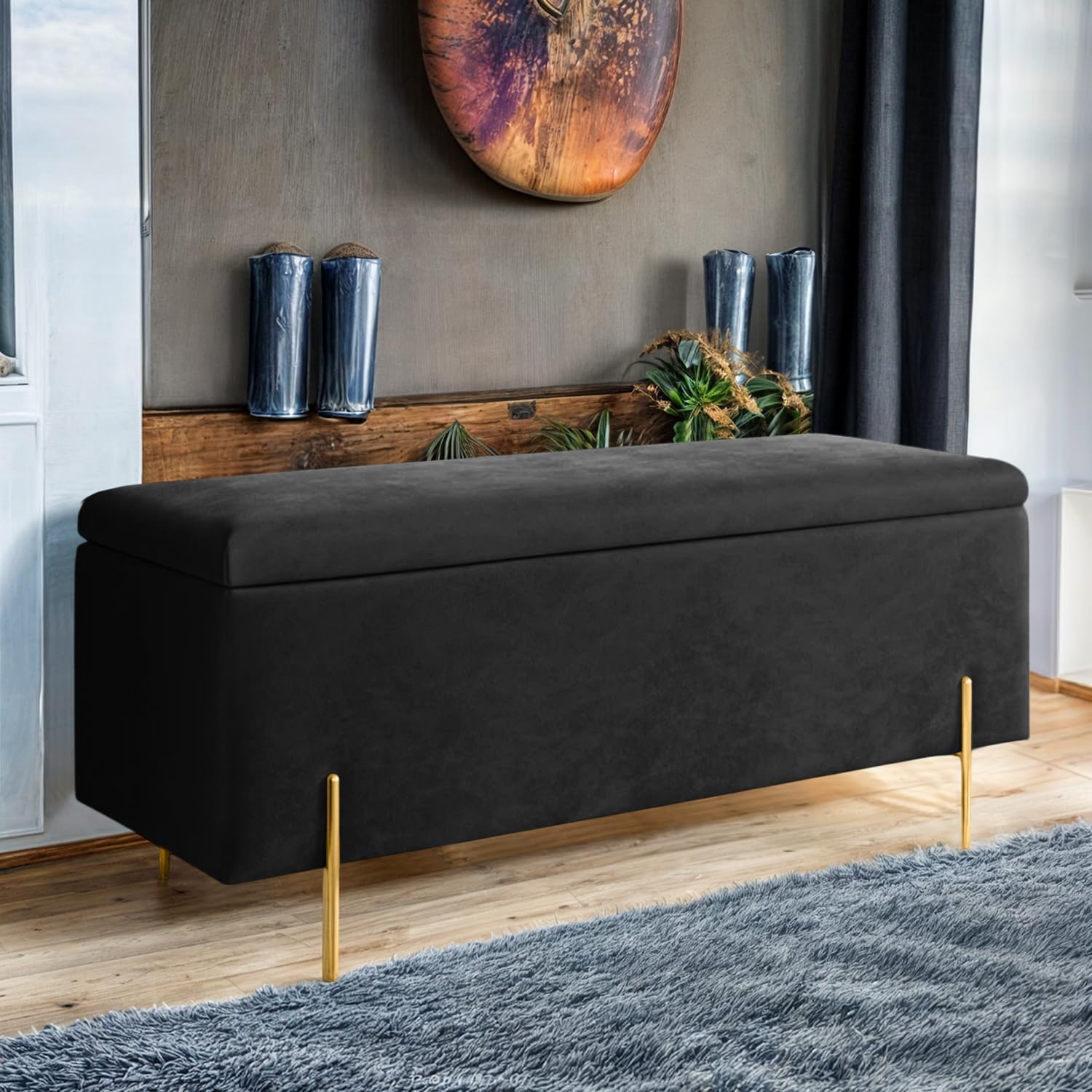 Harveys Living Plain Ottoman Storage Box - Engineered Wood Luxurious Plush Velvet Ottoman Storage Bench (Black, Legs)