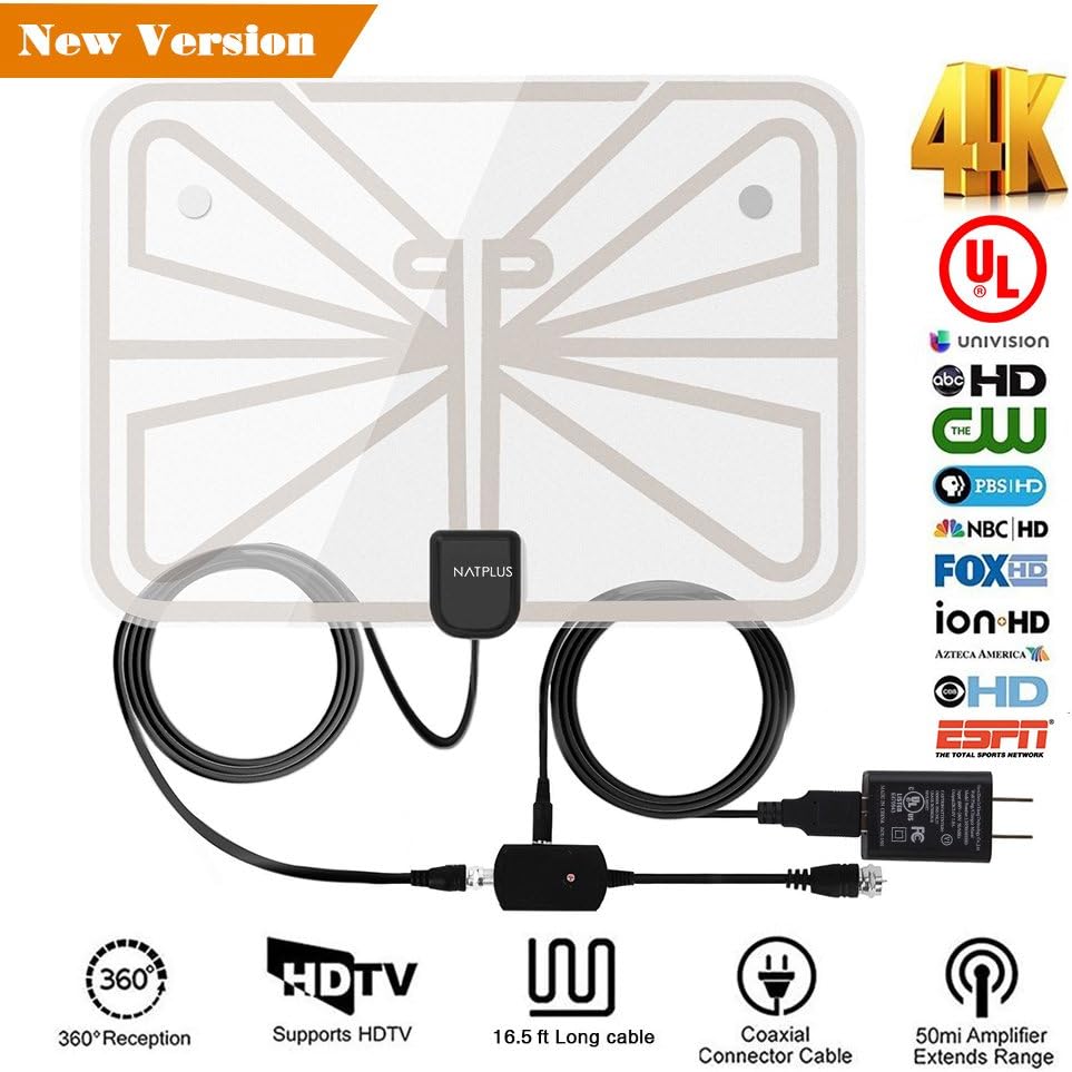 TV Antenna,2018 Upgrade Digital TV Antenna Best 50+ Miles Range with Amplifier Signal Booster for Indoor,UL USB Power Supply and 16.5FT High-Performance Coax Cable-1080P 4K Ready for FUN-Transparent