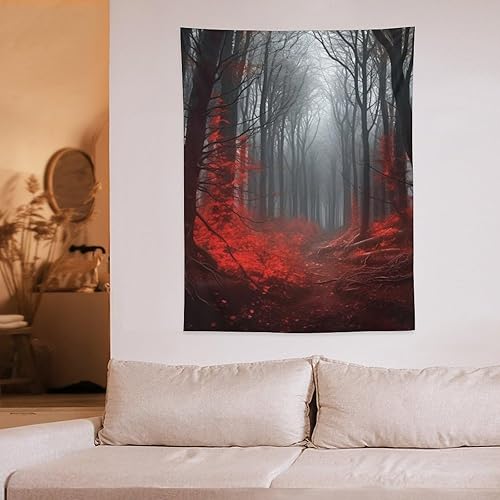 Miniatura 4 de BAHELS Tapiz de bosque rojo, gótico, misterioso, lluvioso, niebla, escena de la naturaleza, borgoña, negro, hoja de árbol, tapiz de tela para