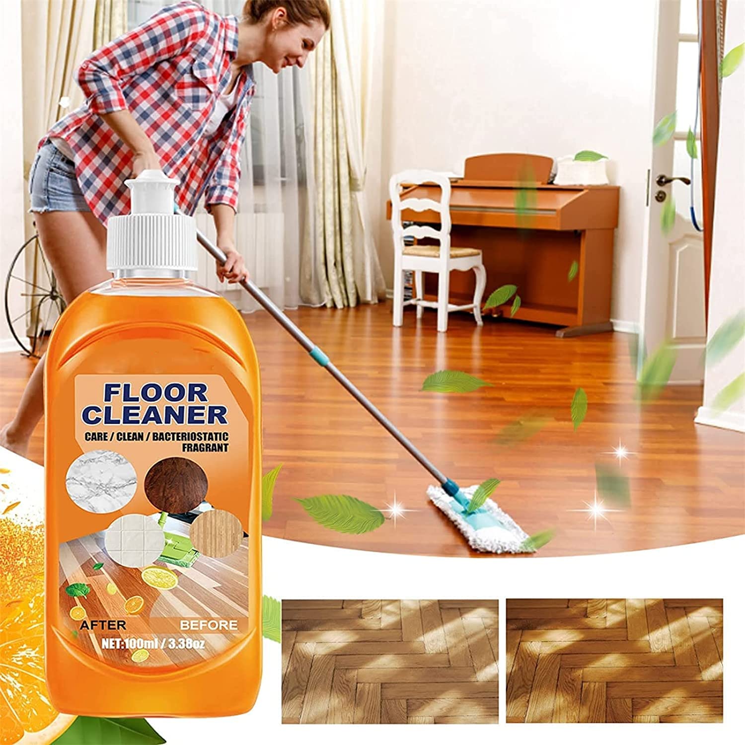 Potente limpiador de suelos descontaminante, limpiador de suelos de madera, limpiador de azulejos iluminador, limpiador de suelos natural, fuerte descontaminación, para suelos, azulejos (1 unidad)