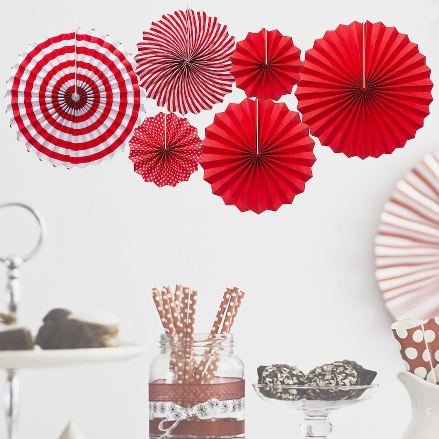 Hanging Paper Fans Set 12PCS Red Party Decorations Round Fan Wall Decor Paper Garlands Flower Decorative for Birthday Festival Party Wedding Graduation Events Accessories