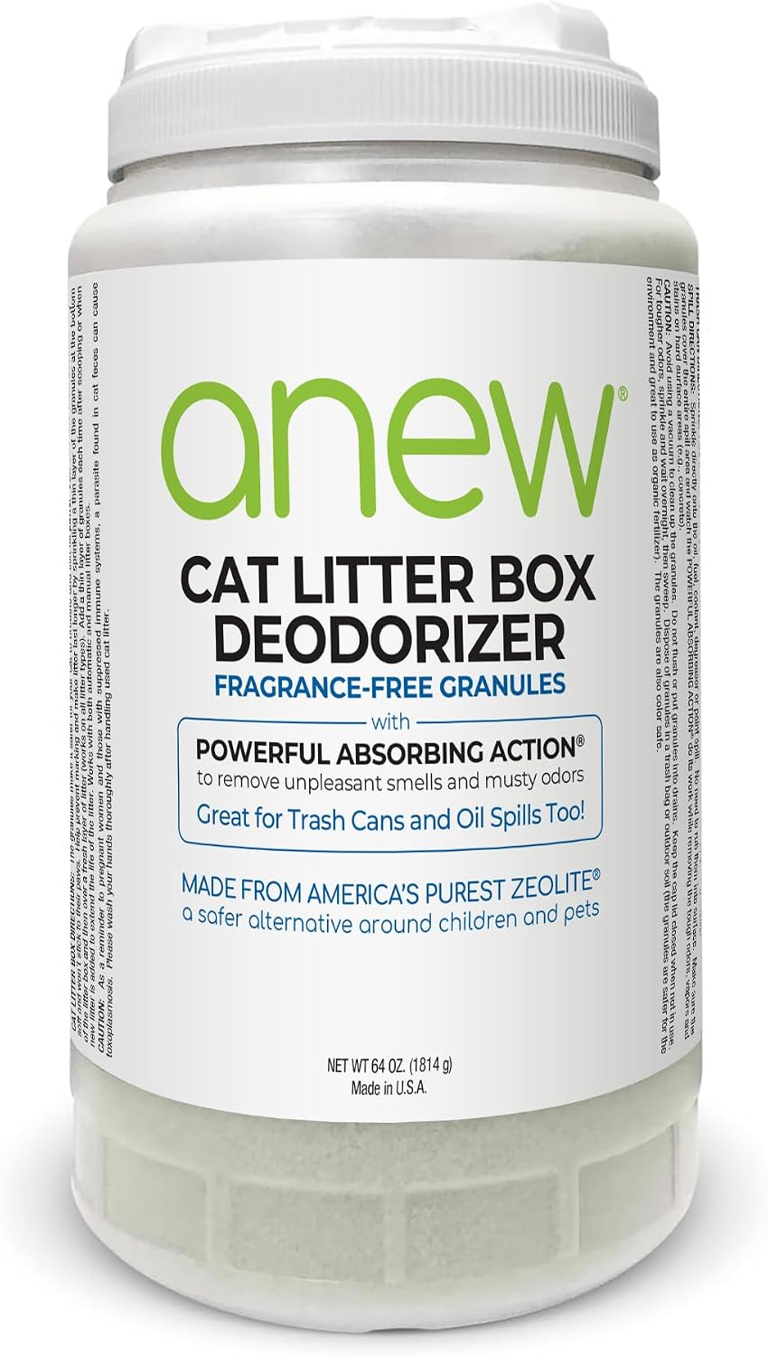 anew CAT LITTER BOX DEODORIZER, 64 oz., Fragrance Free, Makes Litter Last Longer, 4X more granules than a traditional 16 oz. bottle.