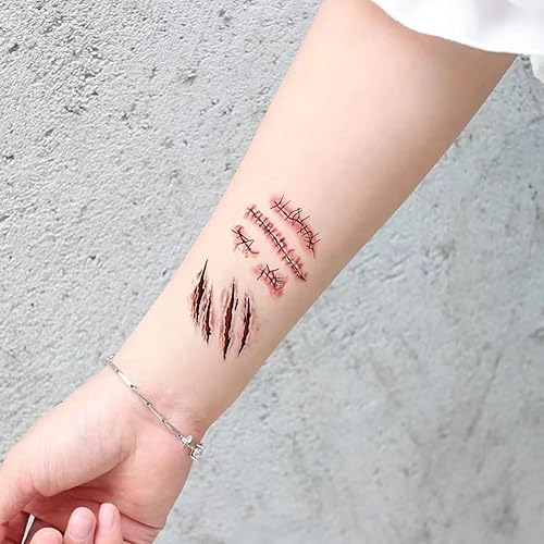 Miniatura 5 de 30 nuevas cicatrices tatuajes en manga de Halloween, calcomanías divertidas y aterradoras de tatuajes temporales, arte real, tatuajes temporales