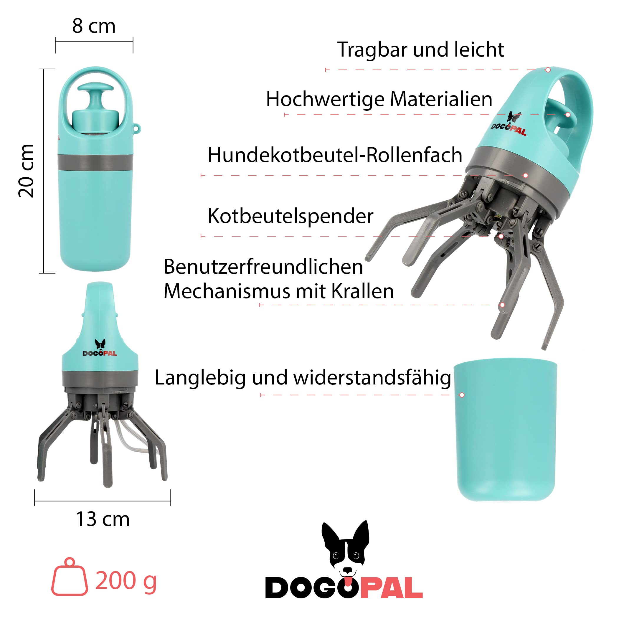 DOGOPAL 360 Hundekotgreifer mit Kotbeutelspender - Moderne Hundekotschaufel mit Hundekotbeutelspender - Pooper Scooper - Einfaches Aufsammeln von Hundekot für kleine, mittlere & große Hunde