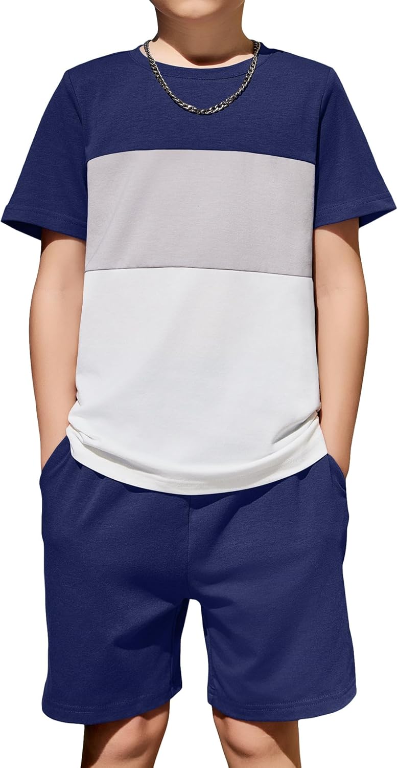 Arshiner Boys' 2-Piece Cotton Outfit Color Block T-Shirt and Shorts Set Casual Summer Clothes for Kids 6-14 Years
