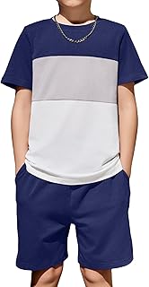 Boys' 2-Piece Cotton Outfit Color Block T-Shirt and Shorts Set Casual Summer Clothes for Kids 6-14 Years