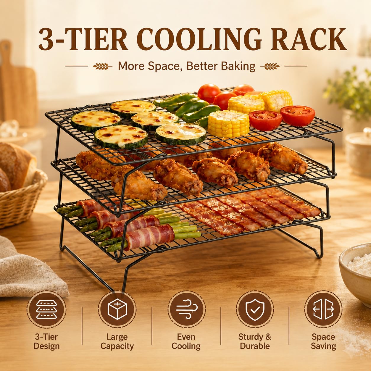 Juego de 4 estantes apilables de refrigeración de acero inoxidable resistente, estante de alambre apto para horno para hornear y asar, se adapta a bandejas de galletas, apto para lavavajillas