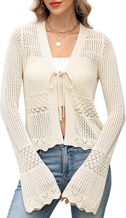 ZANZEA Womens Crochet Cardigan Tie Front Shrug Sweater Bell Sleeves Lightweight Summer Knit Boho Cardigan Tops