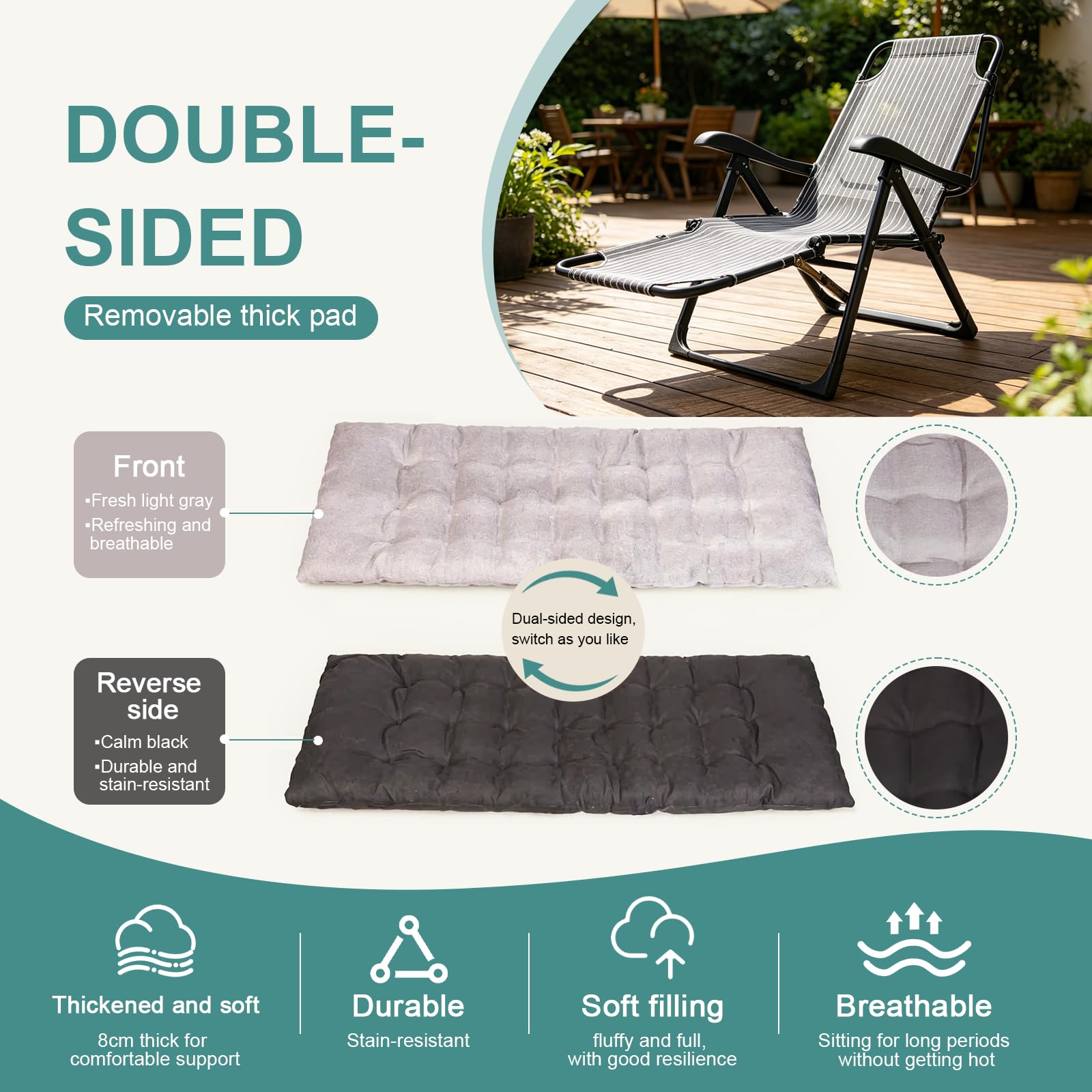 Chaise Longue Jardin Exterieur, Dossier RéGlable 7 Positions, Chaise Longue Pliante avec Coussin et Appuie-TêTe, Capacité 150kg, Transat Pliable pour Jardin, Balcon (Noir) (Noir foncé)