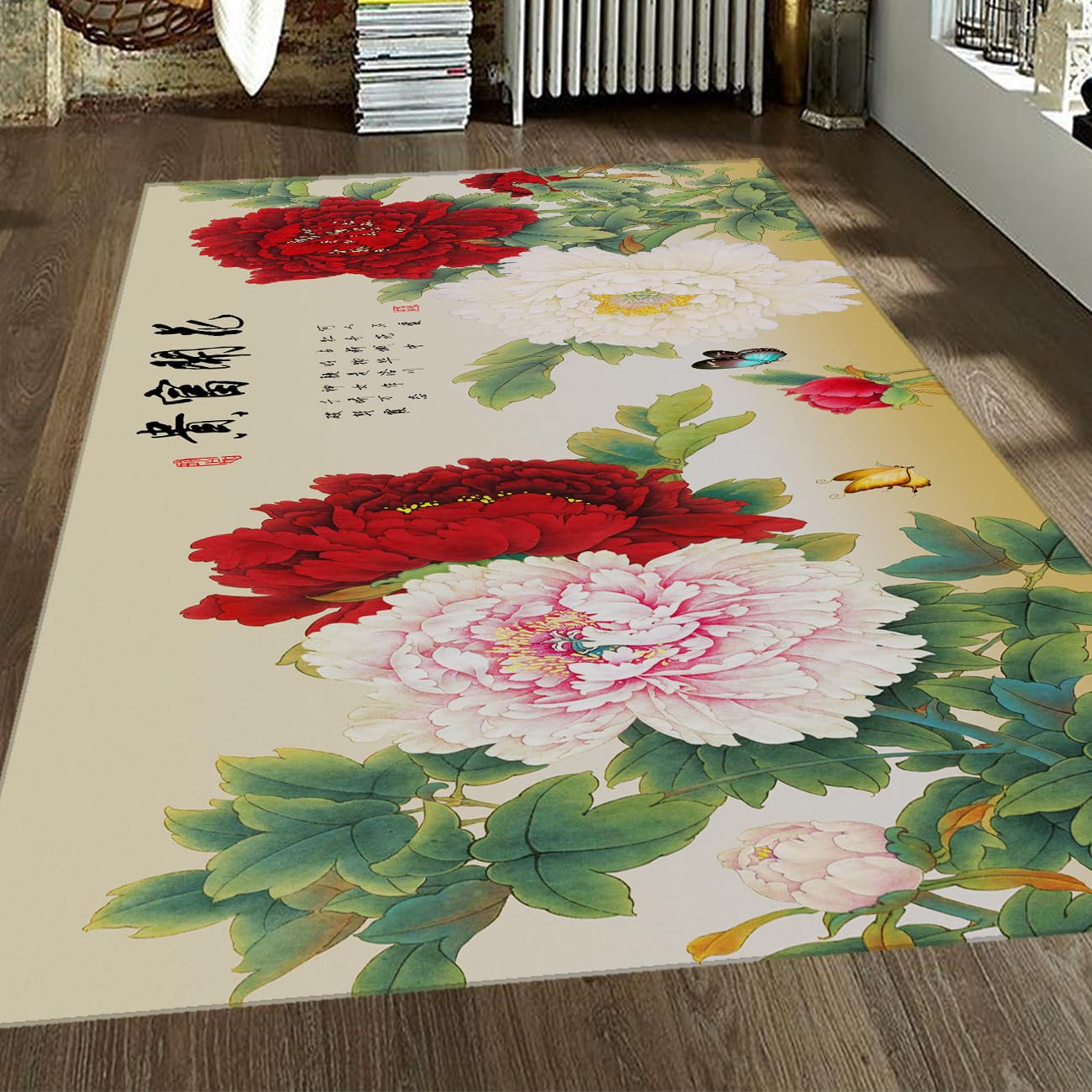 Tapis de chambre doux 120x150 descente de lit orientale rouge blanche antidérapante