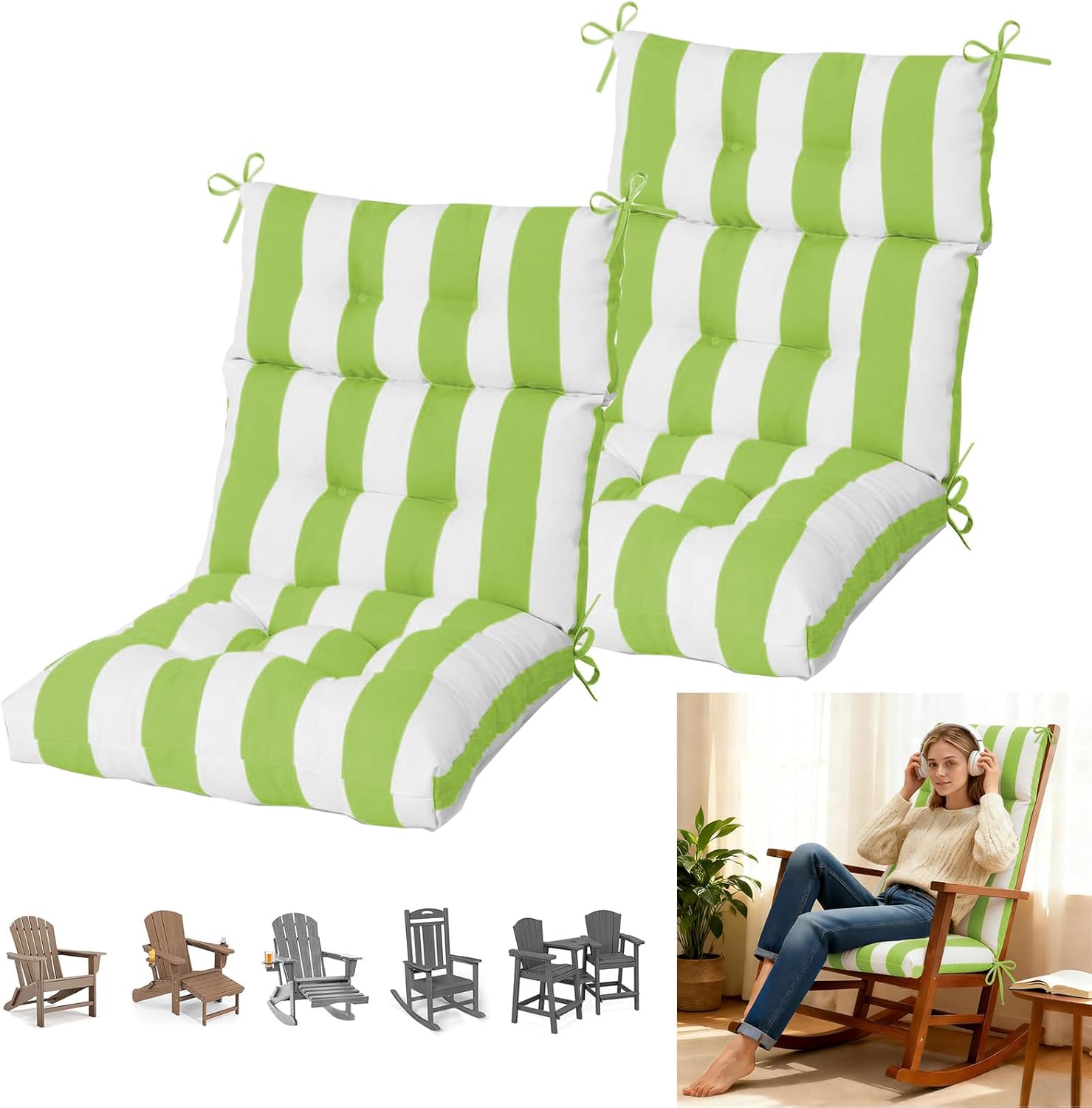 Outdoor Deep Seat Cushion Set of 2, 44x22x4 Inch Weather Resistant Patio Chair Cushions with High Rebound Foam for Garden, Yard, Patio Furniture (Grass Green White Stripes, 44" x 22" x 4")