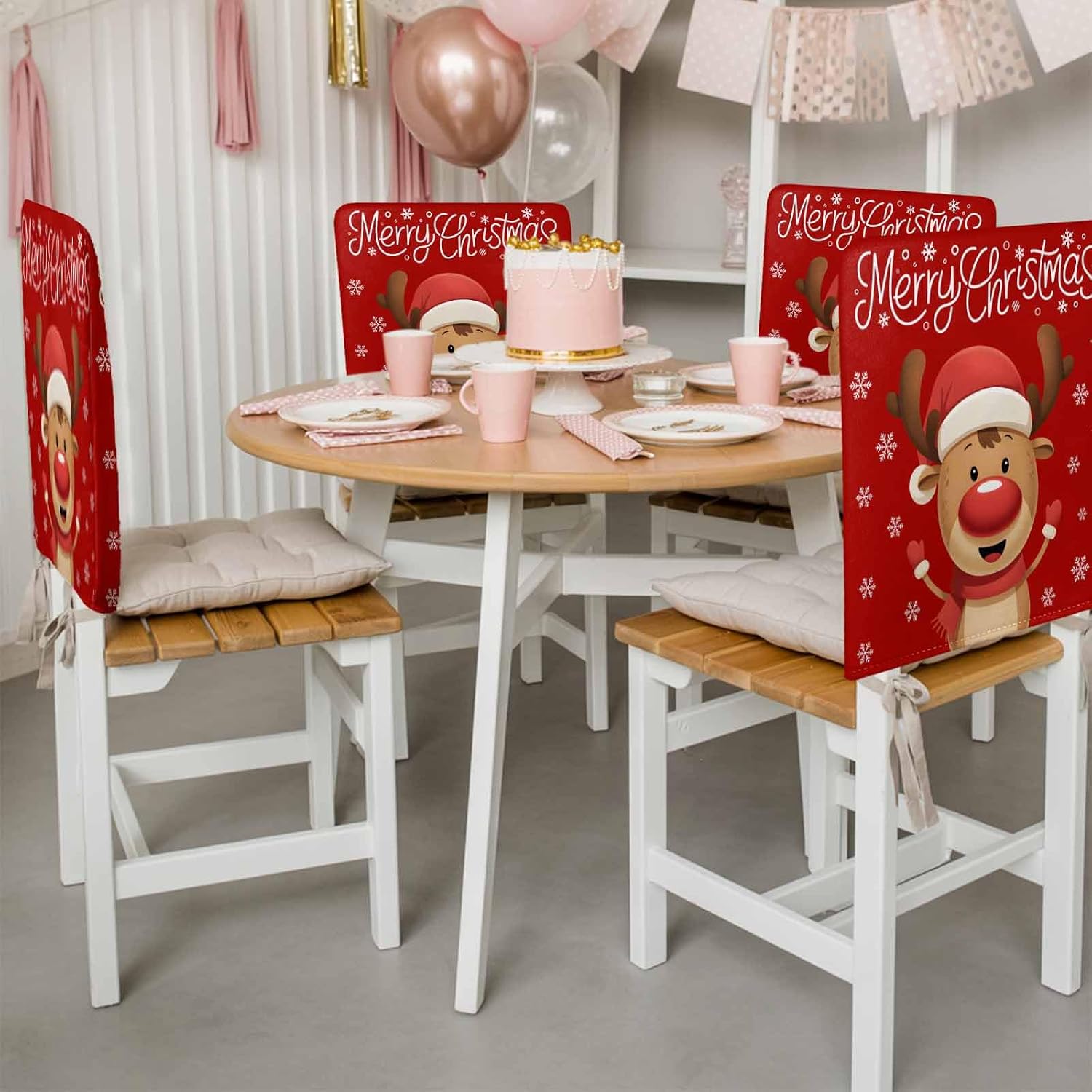 Chair Back Covers for Dining Room, Merry Christmas 8 Pcs Scratchproof Chair Covers for Party, 20 x 19 Inches, Red Winter Xmas Cartoon Deer Snowflake Washable Linen Back Chairs Protector