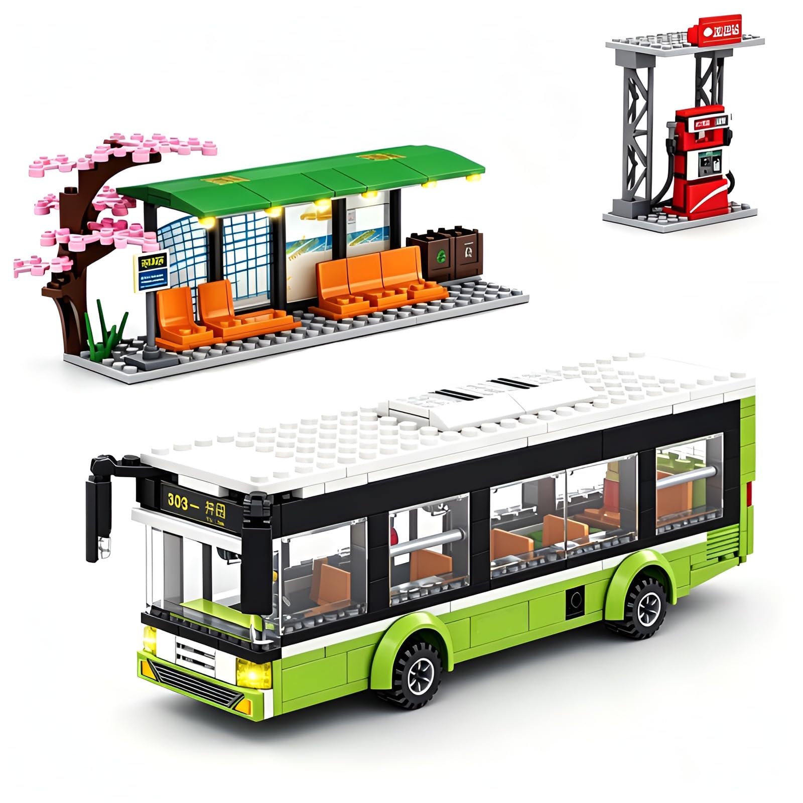 City Bus Building Set with Bus Stop & Gas Station, 415-Piece Urban Street Scene Construction Toy, Removable Top and Bus Stop Model, STEM Bricks Kit for Teens & Adults, Creative Cityscape Display Gift