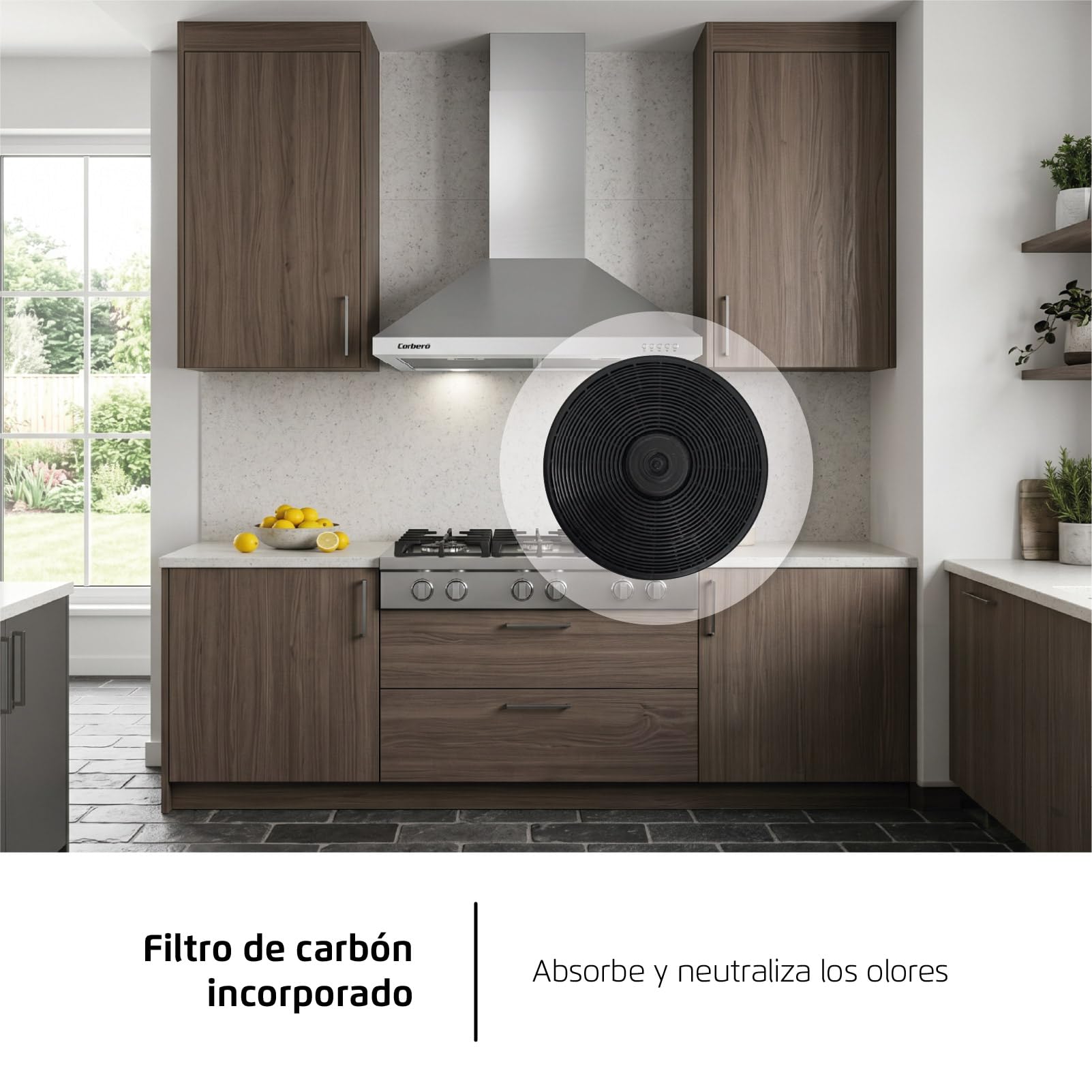 Corberó - Ozdobny dzwonek piramidowy Inox | 70 cm | KURAMATHI760X | Przepływ 621,71 m3/h | 165W | 3 prędkości | 2 filtry aluminiowe | Filtr węglowy | Efektywność energetyczna A, stal nierdzewna