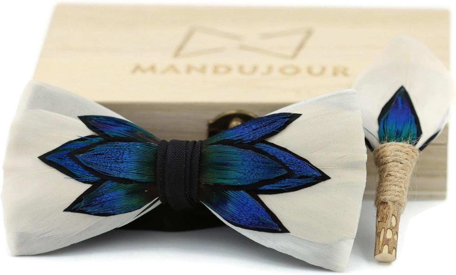 Mandujour Elegant Columbus Flower Bomb Feather Bow Tie & Lapel Pin Set - Handmade Wedding Accessory for Groom