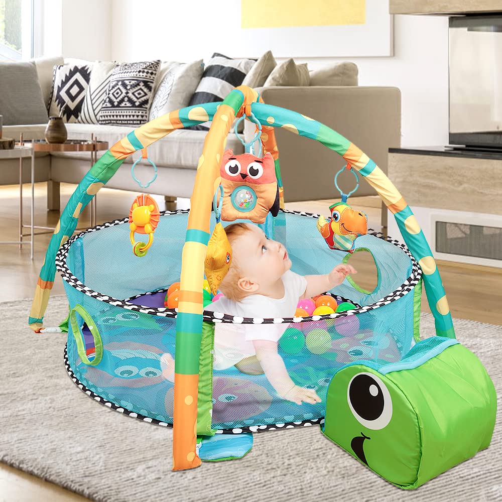 Tapis d'éveil tortue multifonction avec parc à balles, arche de jeux suspendue, 30 balles de piscine incluses, pour bébés 0 à 3 ans
