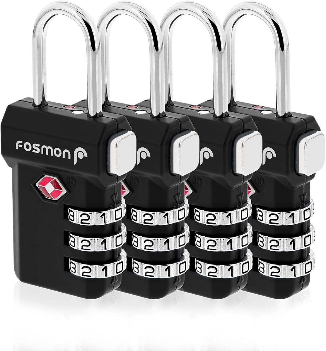 Fosmon TSA Approved Luggage Locks, 3 Digit Combination, 4 Pack Black | Open Alert Indicator, Push Release Button, Durable Alloy Body, Suitcase Travel Lock, Travel Bag Zipper Anti Theft