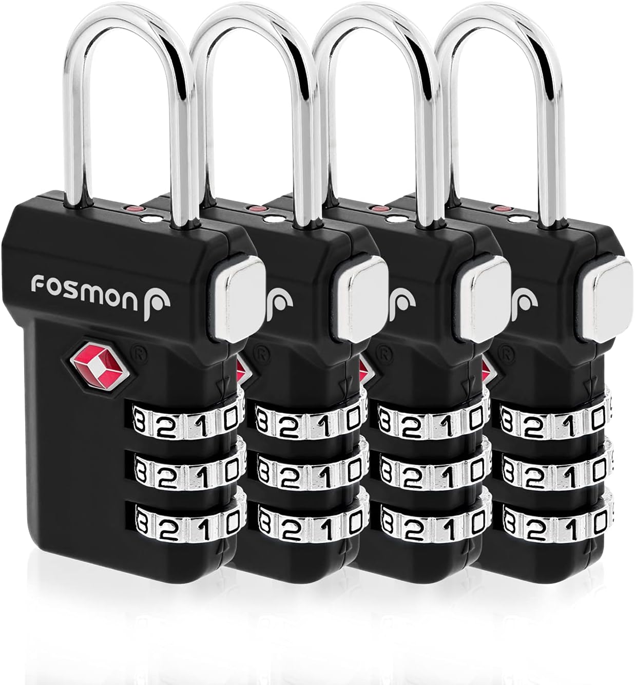 Fosmon TSA Accepted Luggage Locks, (4 Pack) Open Alert Indicator 3 Digit Combination Padlock Codes with Alloy Body and Release Button for Travel Bag, Suit Case & Luggage - Black