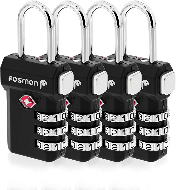 Fosmon TSA Approved Luggage Locks, 3 Digit Combination, 4 Pack Black | Open Alert Indicator, Push Release Button, Durable Alloy Body, Suitcase Travel Lock, Travel Bag Zipper Anti Theft