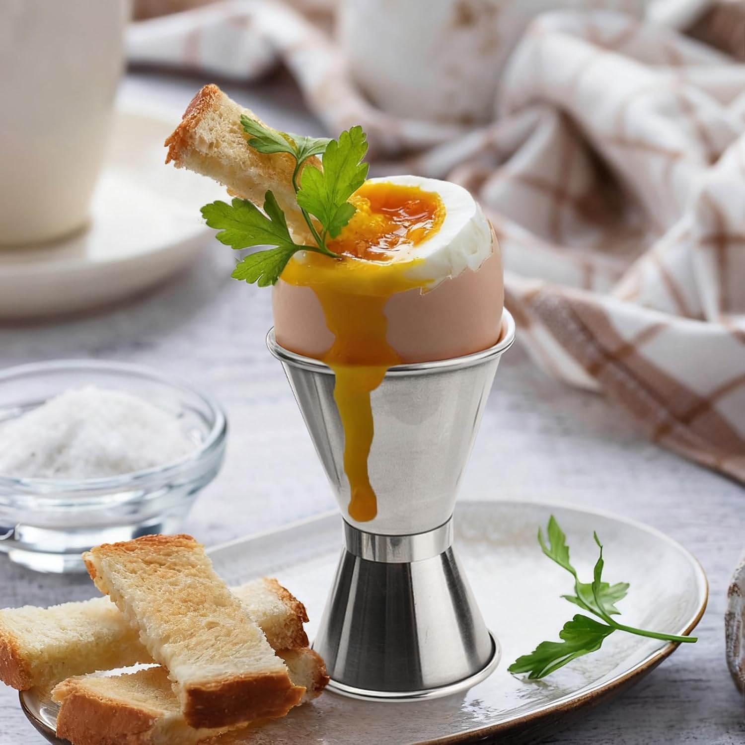 4-Piece Set Stainless Steel Egg Cups with Spoons, Hard & Soft Boiled Egg Holder Stand, Metal Jigger Kitchen Tool for Breakfast Dining Home Party Cafe Restaurant (Silver)