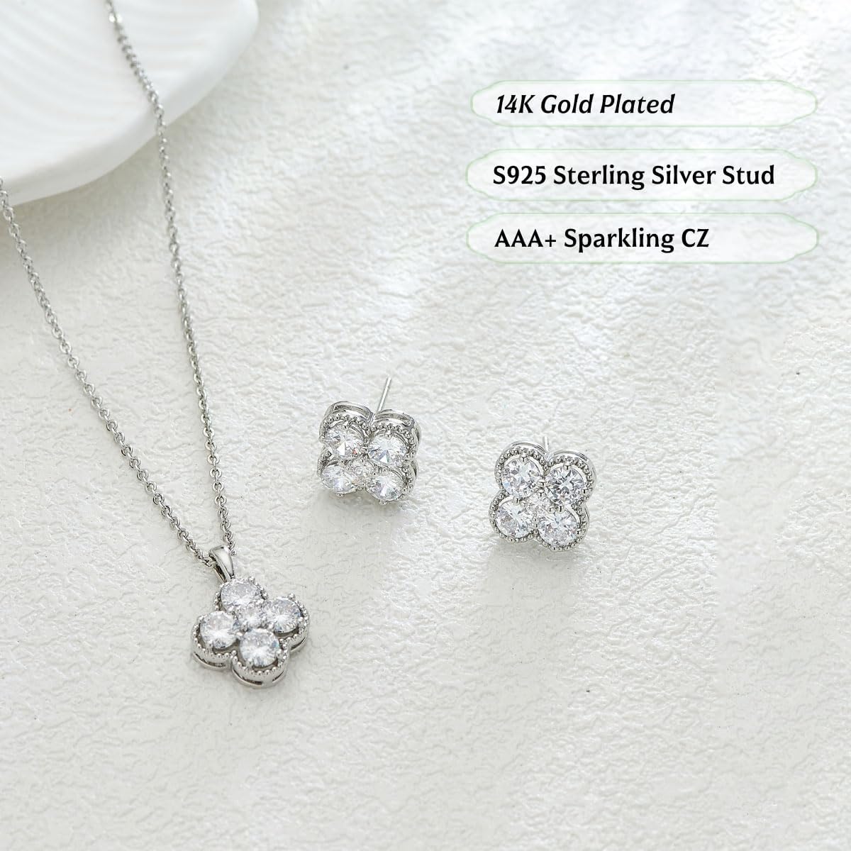 Clover Necklace and Stud Earrings Jewelry Set 14K Gold Plated Dainty Four Leaf Lucky Choker Charm Necklace Clover S925 Sterling Silver Stud with Gift Box Birthday Gifts for Women - Image 4