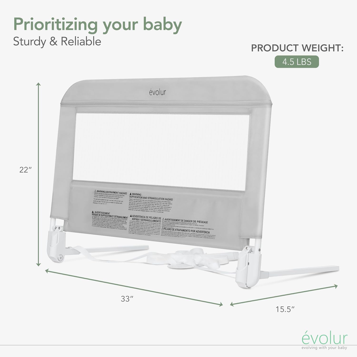 Evolur Snooze Shield Universal Swing-Down Guardrail in Gray