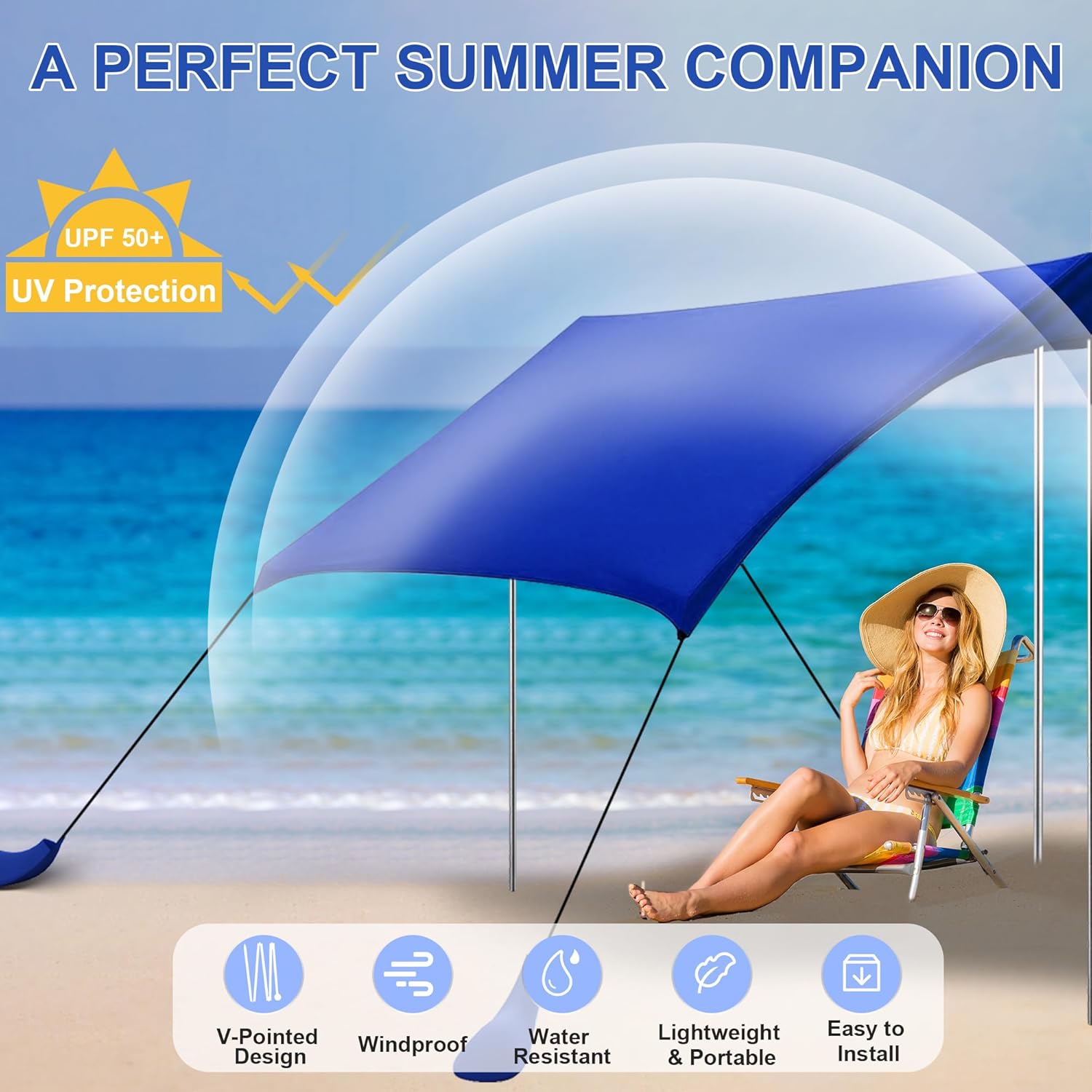 Beach Tent Sun Shelter UPF50+ with Sandbags, Sand Shovel & Windproof Poles - Portable Pop Up Canopy for Beach, Camping, Picnics, Backyard & Fishing (Royal Blue,6.9x6.5FT)