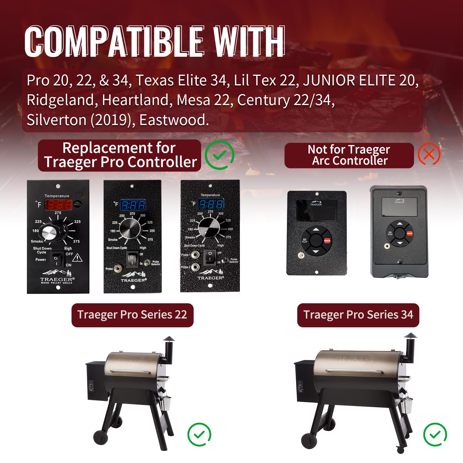Placa de control PID mejorada (artículo #365) compatible con parrilla y ahumador Traeger Pro Gen 1 - Kit completo de repuesto con controlador digital, Hot Rod, sonda RTD y sondas dobles para carne