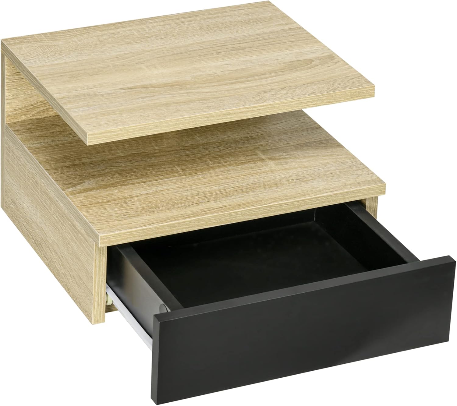 Close-up of the nightstand with the drawer fully extended, showing its internal space.