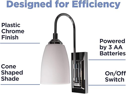 Miniatura 5 de Westek Aplique de pared a pilas, paquete de 2  70 lúmenes, plástico con acabado cromado, aplique de pared de batería de fácil instalación