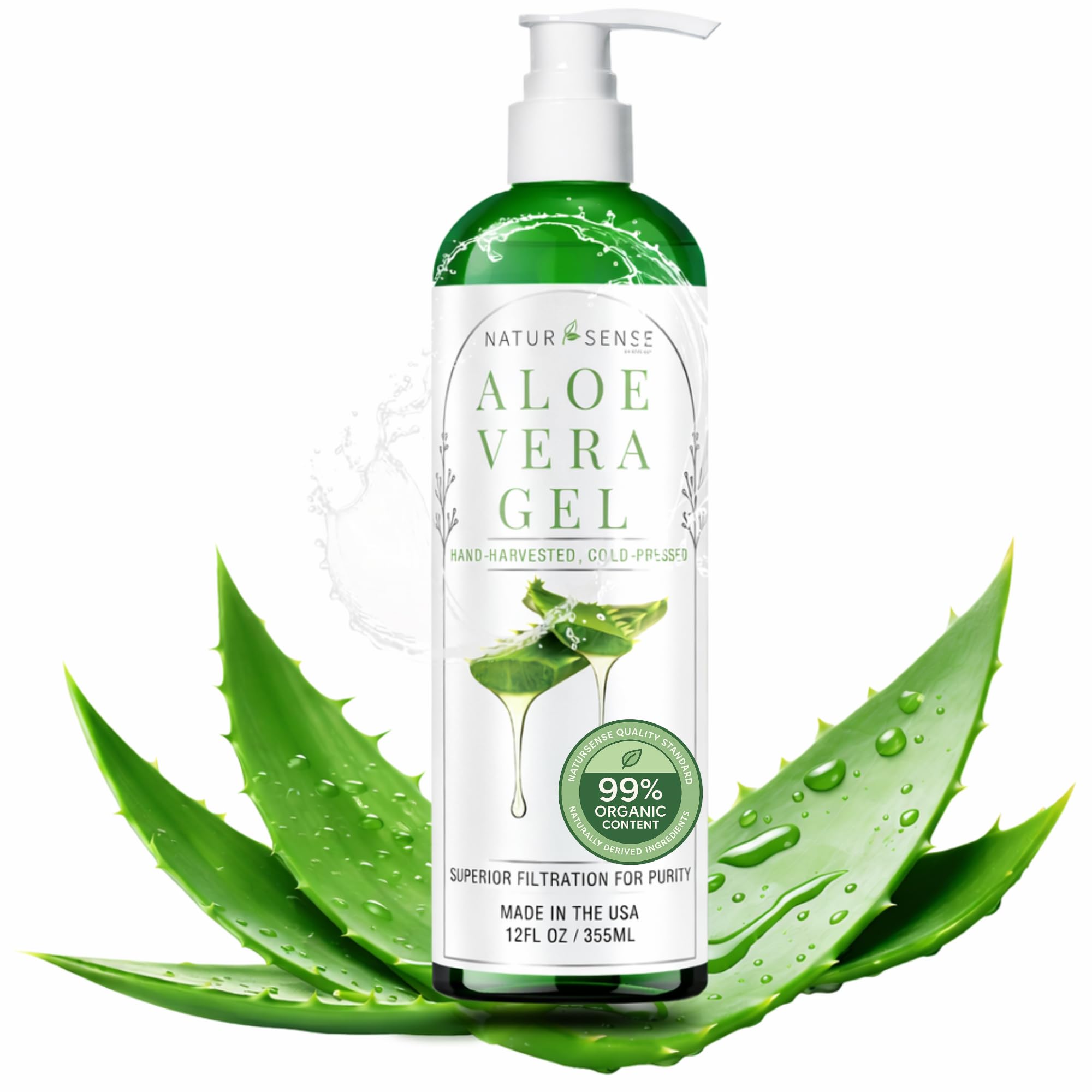 NTRSNS NaturSense 99% Organic Aloe Vera Gel. Deep Hydration, Effective Moisturizing. For Hair, Scalp, Face, Dry Winter Skin, Acne, Sunburn, Sensitive Skin, Shaving. Unscented, 12 oz.