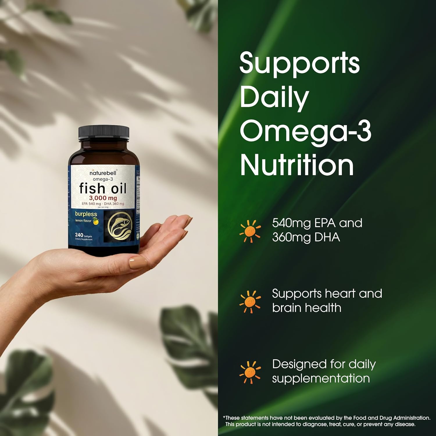 NatureBell Omega-3 Fish Oil 3,000mg - 240 Softgels - Support for Joint, Brain & Heart Health* - with EPA & DHA - No Burps or Fishy Aftertaste - Non-GMO & Mercury-Free Formula - Lemon Flavor