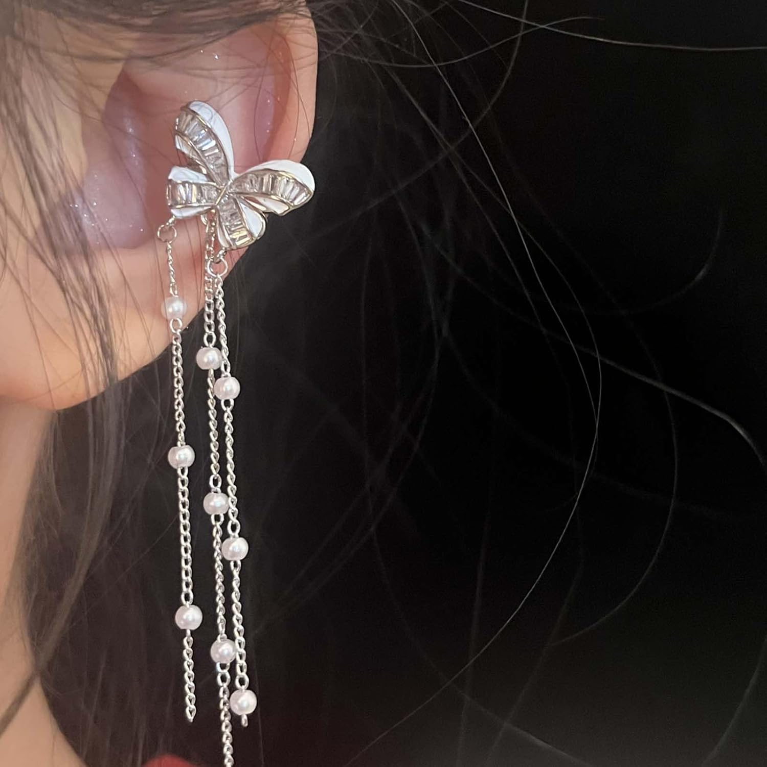 Boho Butterfly Ear Cuff Earrings Vintage Butterfly Tassel Chain Ear Clip Earrings Silver Butterfly Cuff Cartilage Earrings Butterfly Non Pierced Earrings Jewelry for Women（Left) - Image 2