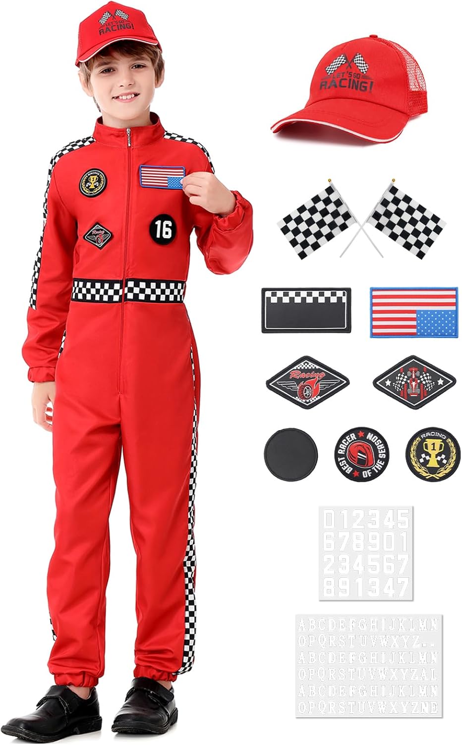 Race Car Driver Costume Boys 13PCS Personalized Kids Racing Suit Racer Jumpsuit Car Outfit with Cap for Halloween
