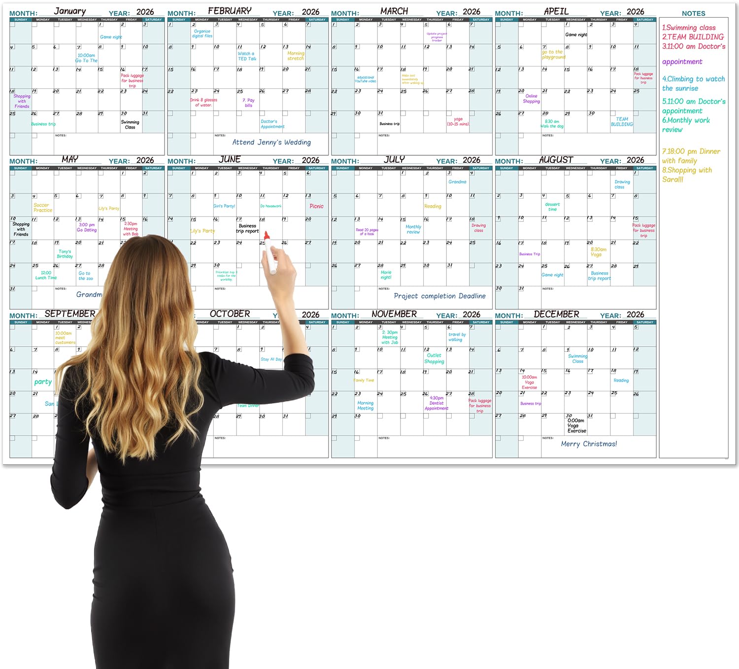 Large Dry Erase Calendar for Wall – Yearly Wall Calendar Dry Erase, 58" x 37", 12-Month Undated Blank Calendar Planner, Reusable Laminated with 15 Round Stickers, Perfect Large Wall Calendar for Office, Home and Classroom