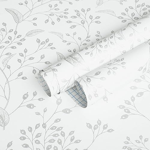 Heroad Papel tapiz de la marca para despegar y pegar, color blanco y plateado, papel tapiz bohemio para despegar y pegar, papel de contacto floral,