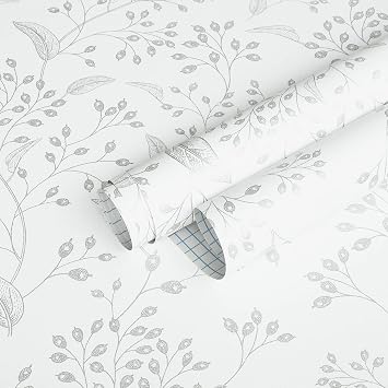 Heroad Peel and Stick Wallpaper White Contact Paper Sliver Floral Wall Paper Modern Boho Removable for Cabinets Drawers Bedroom Self Adhesive Vinyl Papel Tapiz para Pared 118" x 17.3"