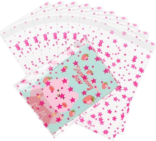 Miniatura 237 de COQOFA 100 bolsas de regalo de estrella rosa de 7 x 12 pulgadas, bolsas de regalo de celofán, bolsas de regalo de fiesta, bolsas de plástico Rosado