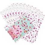 COQOFA 100 Pcs Star Printed Sealable Gift Wrap Cello Cellophane Bags Self sealing Adhensive Treat Bags Party Favor bags (4x6inch, Pink)