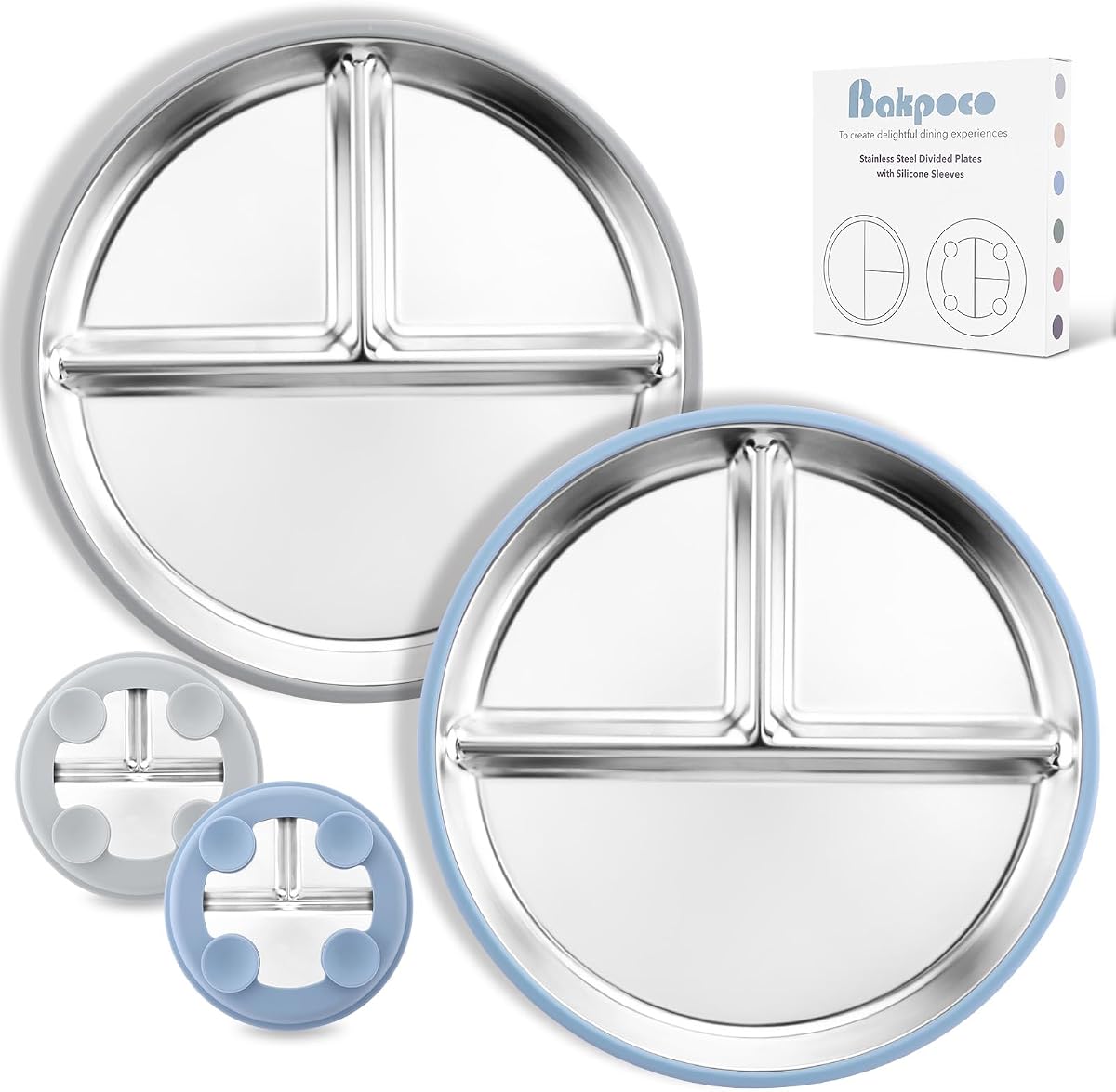 Bakpoco Plato de acero inoxidable para niños pequeños con succión, platos divididos de 9" con fundas de silicona extraíbles para niños, no tóxico y libre de BPA, antideslizante, irrompible, juego de 2, azul y gris