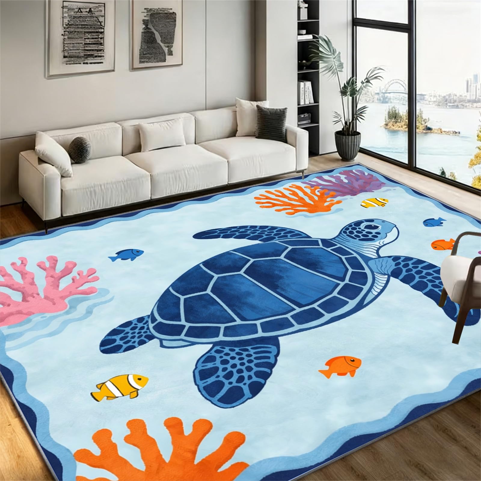 LHOMKCV Blue Sea Turtle Kids Carpet 100x150cm, Cartoon Underwater Animal Print Rug, Washable Non-Slip Play Mat for Baby Nursery Bedroom Playroom