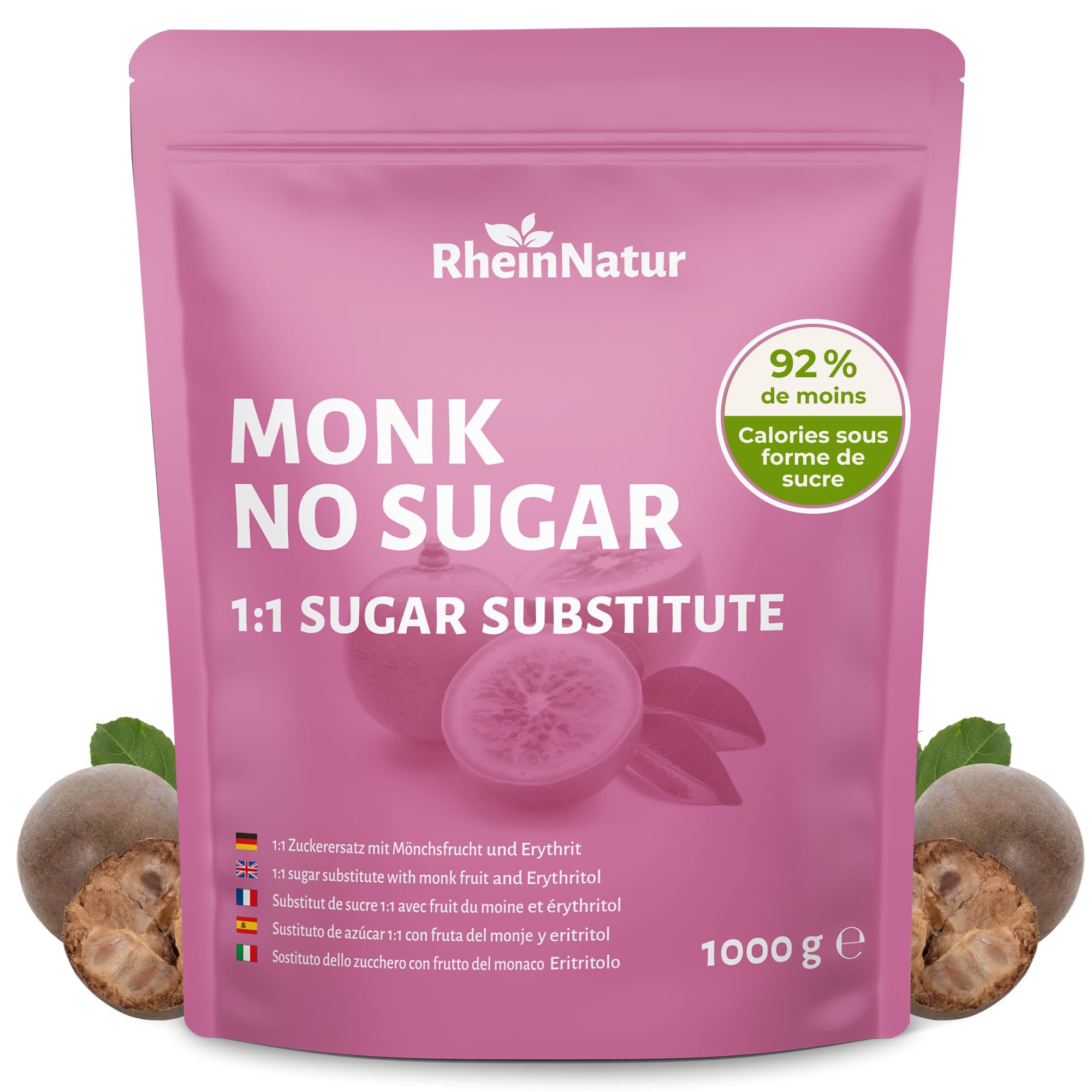 RheinNatur Mönchsfrucht Zuckerersatz 1 kg - 1:1 Ersatz für Zucker aus Mönchsfrucht & Erythrit - Vegan - 1000 g Beutel