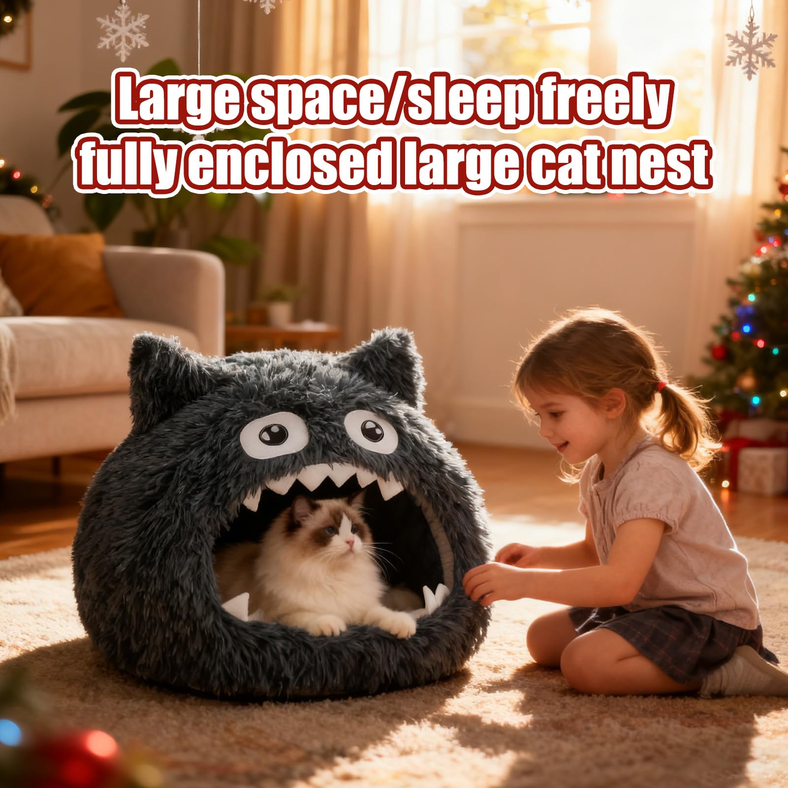 Cama Cueva para Gatos Suave Y Cálido con Diseño De Abierta | Cueva Para Gatos Con Cojin Lavable Para Cachorros y y Mascotas Pequeñas para Interior y Exterior para Navidad