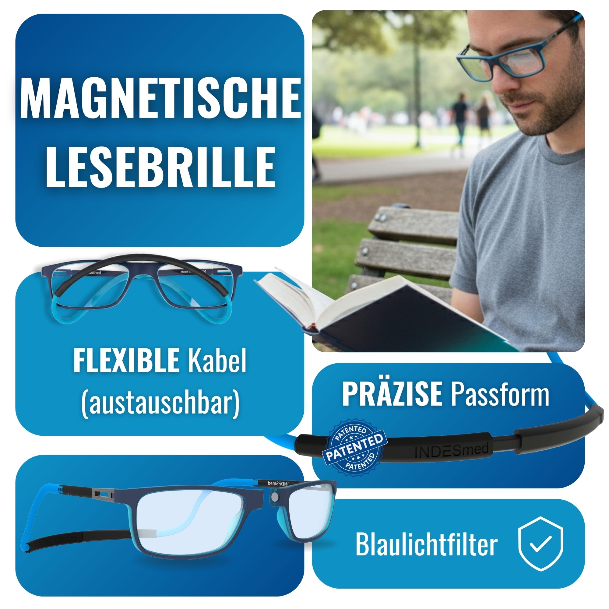 INDESMED – Magnetbrille Lesebrillen faltbare und verstellbare – Lesebrille blaulichtfilter herren und damen – Modern, Leicht & Clic brille mit magnetverschluss vorne
